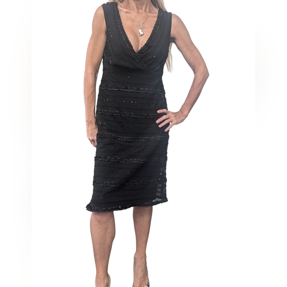 Vintage Tadashi Beaded Cocktail Dress Black Metallic Midi 90s Sz 10